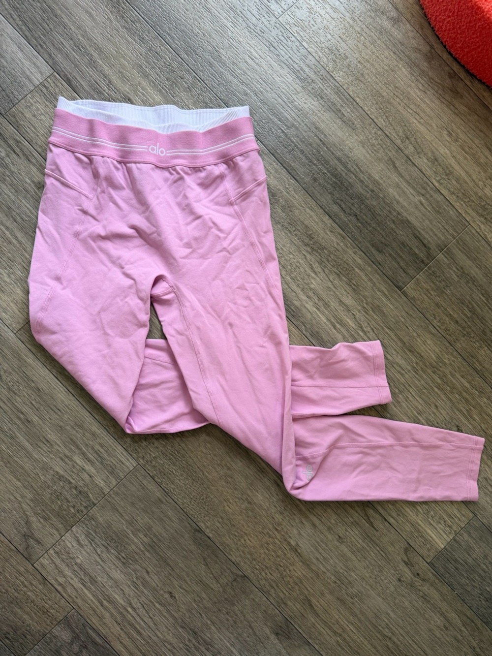 ALO Yoga Pink High-Rise Leggings with White Waistband